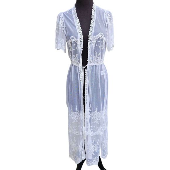 Blashe White Lace Kimono Swim Coverup Size S Tie Closure Bohemian Festival - Picture 1 of 8